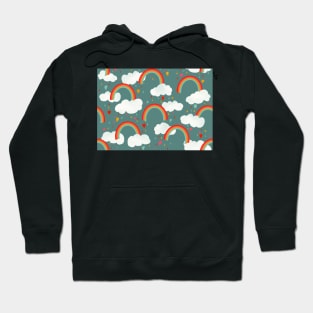 Clouds, rainbows and love hearts on a teal background Hoodie